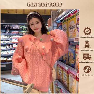 Áo len nữ cổ bèo , áo len cổ bèo nữ vặn thừng đính cục bông tròn sắc màu style hàn quốc mùa đông