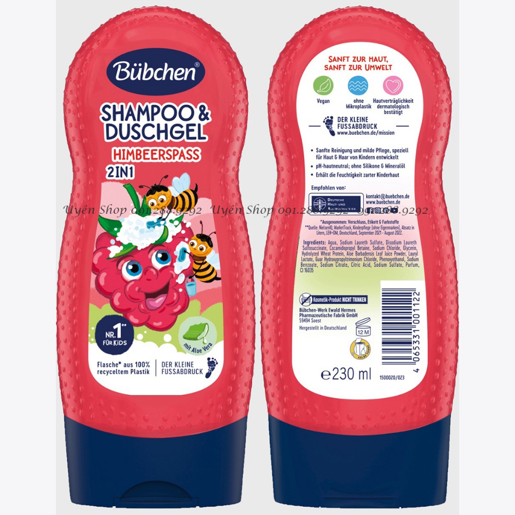 Sữa tắm gội Bubchen Mâm Xôi hương dịu nhẹ cho bé yêu  MẪU MỚI Chai 230ml