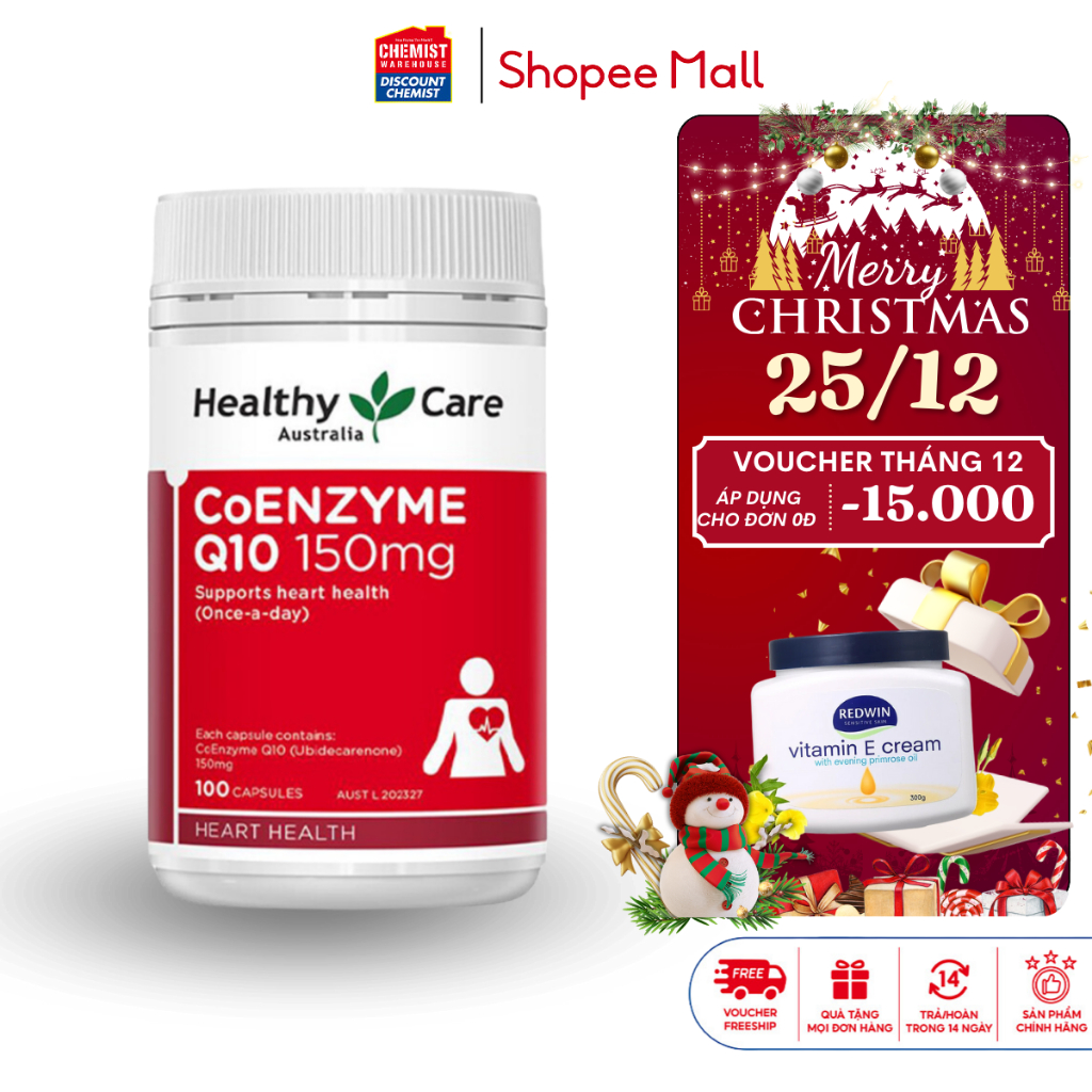 Viên uống bổ tim Healthy Care Coenzyme Q10 của Úc 100 viên giúp tim khỏe mạnh, cân bằng cholesterol
