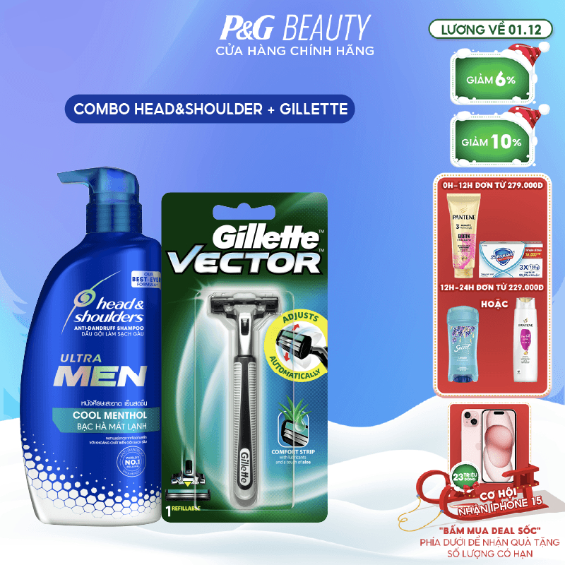 Combo dầu gội Nam Head & Shoulders UltraMen 650ml bạc hà mát lạnh và Dao Cạo Gillette Vector 1UP