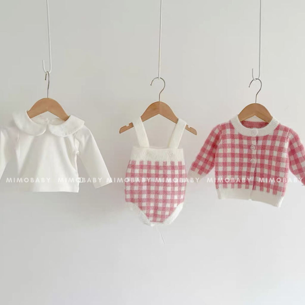Áo khoác cardigan len, yếm len lông thỏ kẻ hồng đáng yêu cho bé gái QA129 Mimo Baby