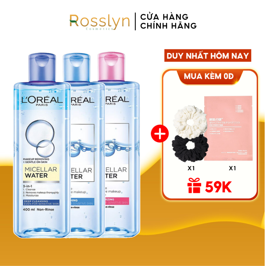 Nước Tẩy Trang Loreal 3-in-1 Moisturizing L'Oreal Paris Micellar Water Dưỡng Ẩm Cho Da Thường, Khô 400ml Rosslyn