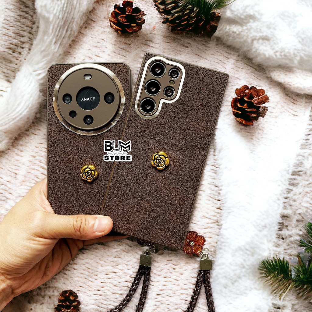Ốp Giả Da Nâu Samsung S23 Ultra / S23 Plus / S22 Ultra / S22 Plus / Huawei Mate 60 PRO Kèm Dây Charm - BUM STORE
