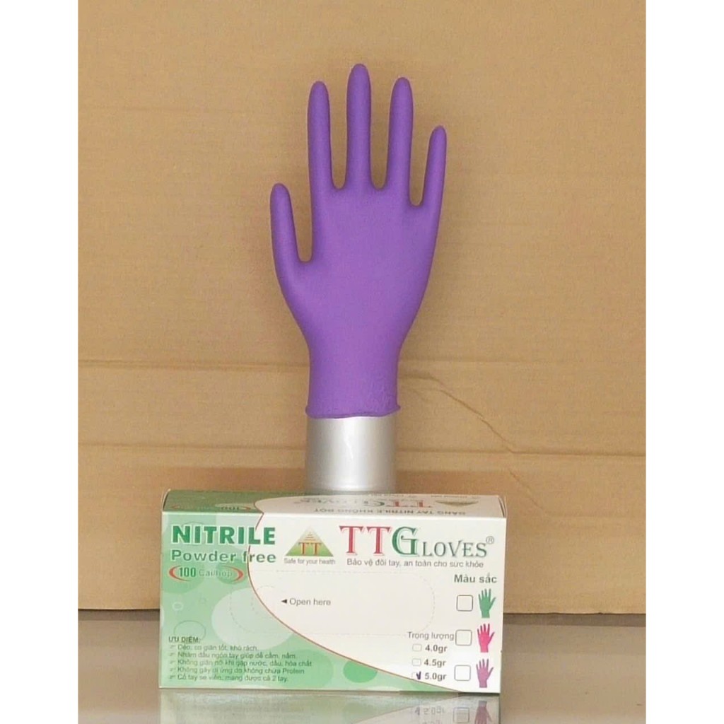 100 CHIẾC GĂNG TAY NITRILE KHÔNG BỘT MÀU TÍM ĐỊNH LƯỢNG 5.0GR NHÃN TTGLOVES (HÀNG CAO CẤP)