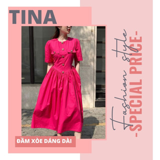 Đầm xòe dáng dài eo chữ V siêu tôn dáng, Đầm công sở tay ngắn màu hồng tôn da, vải thấm hút tốt, nút đồng sang trọng
