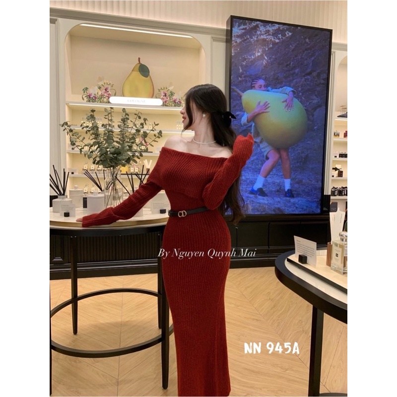 Váy len trễ vai tay dài kèm dây lưng