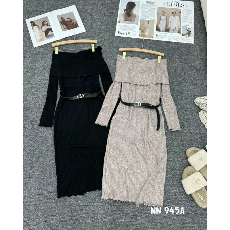 Váy len trễ vai tay dài kèm dây lưng