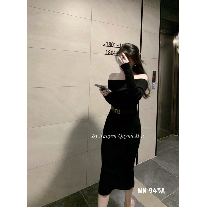 Váy len trễ vai tay dài kèm dây lưng