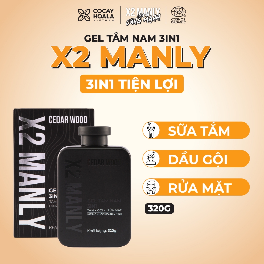 [MUA 1 TẶNG 1 FULLSIZE] Gel tắm nam X2manly 3in1 COCAYHOALA VIETNAM - Gel tắm ngừa mụn lưng-Hương gỗ trầm nam tính-320G