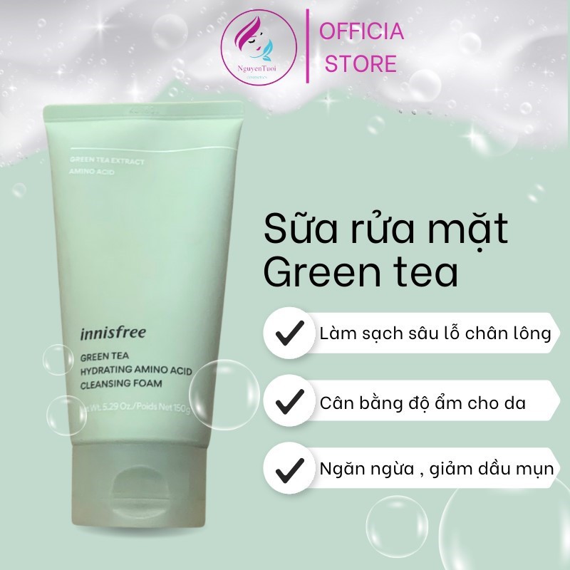 Sữa Rửa Mặt dành cho da dầu, mụn, hỗn hợp, nhạy cảm Trà Xanh Inniiisfree Green Tea Foam Cleanser 150g