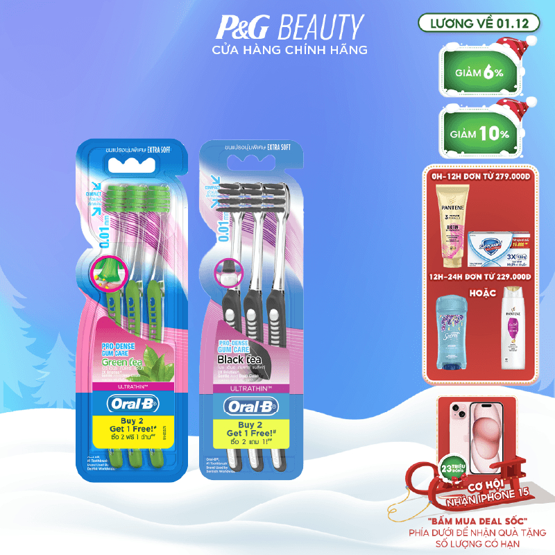 Bàn chải OralB tinh chất Trà Xanh/ Trà Đen vỉ 3 cây