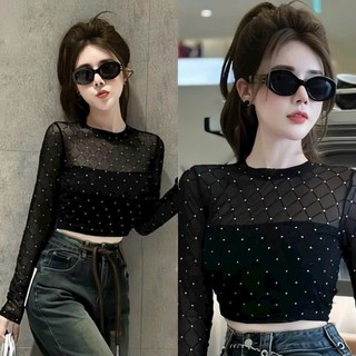 Áo Croptop Phối Lưới Tay Dài Đính Đá