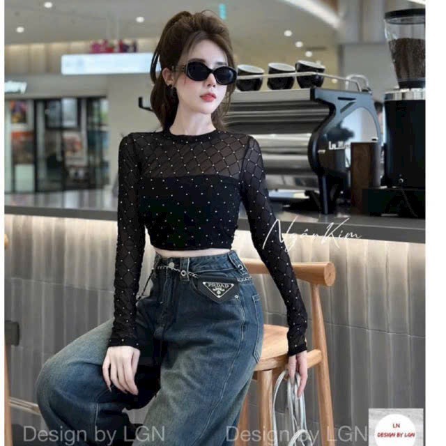 Áo Croptop Phối Lưới Tay Dài Đính Đá