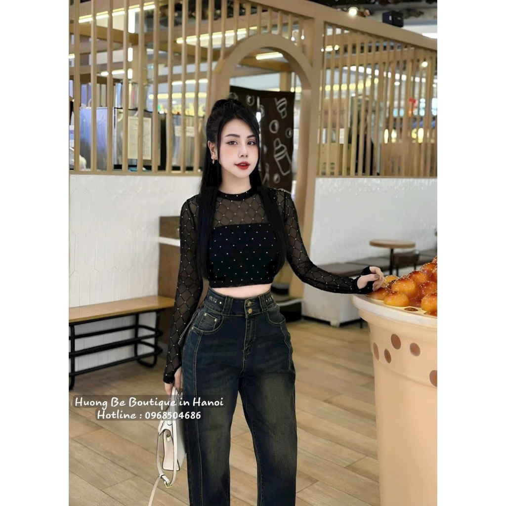 Áo Croptop Phối Lưới Tay Dài Đính Đá