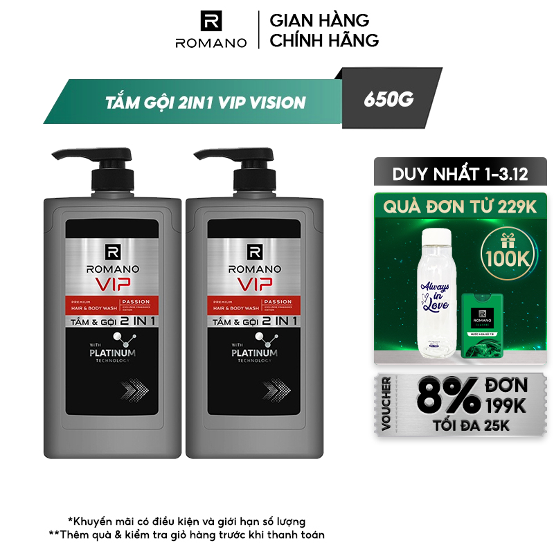 Combo Tắm Gội 2 trong 1 Romano 2in1 VIP PASSION/VIP VISION 650g/chai