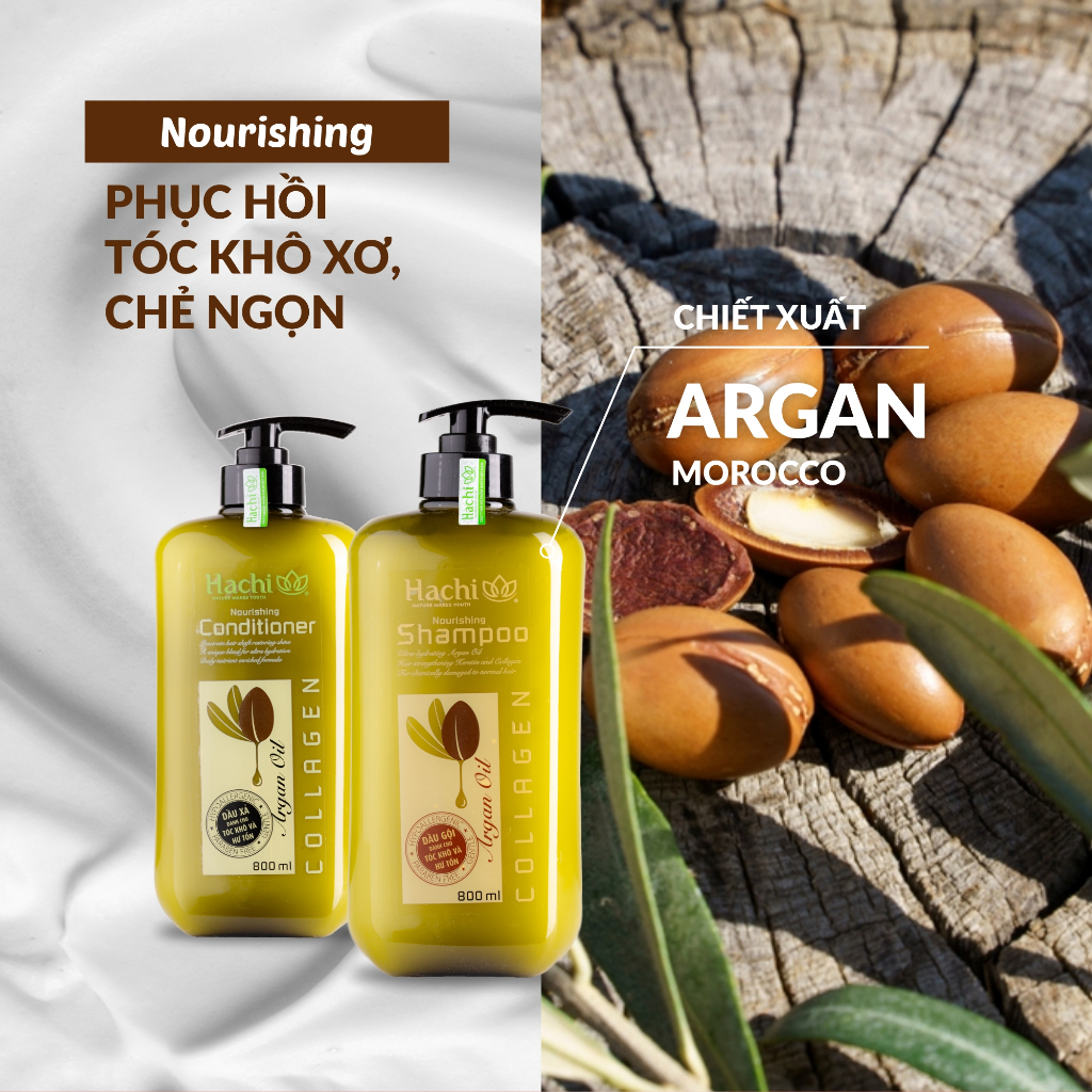 Dầu gội đầu ARGAN Hachi dành cho tóc hư tổn khô sơ - Cặp dầu gội xả Phục Hồi Tóc Khô Và Hử Tổn ARGAN