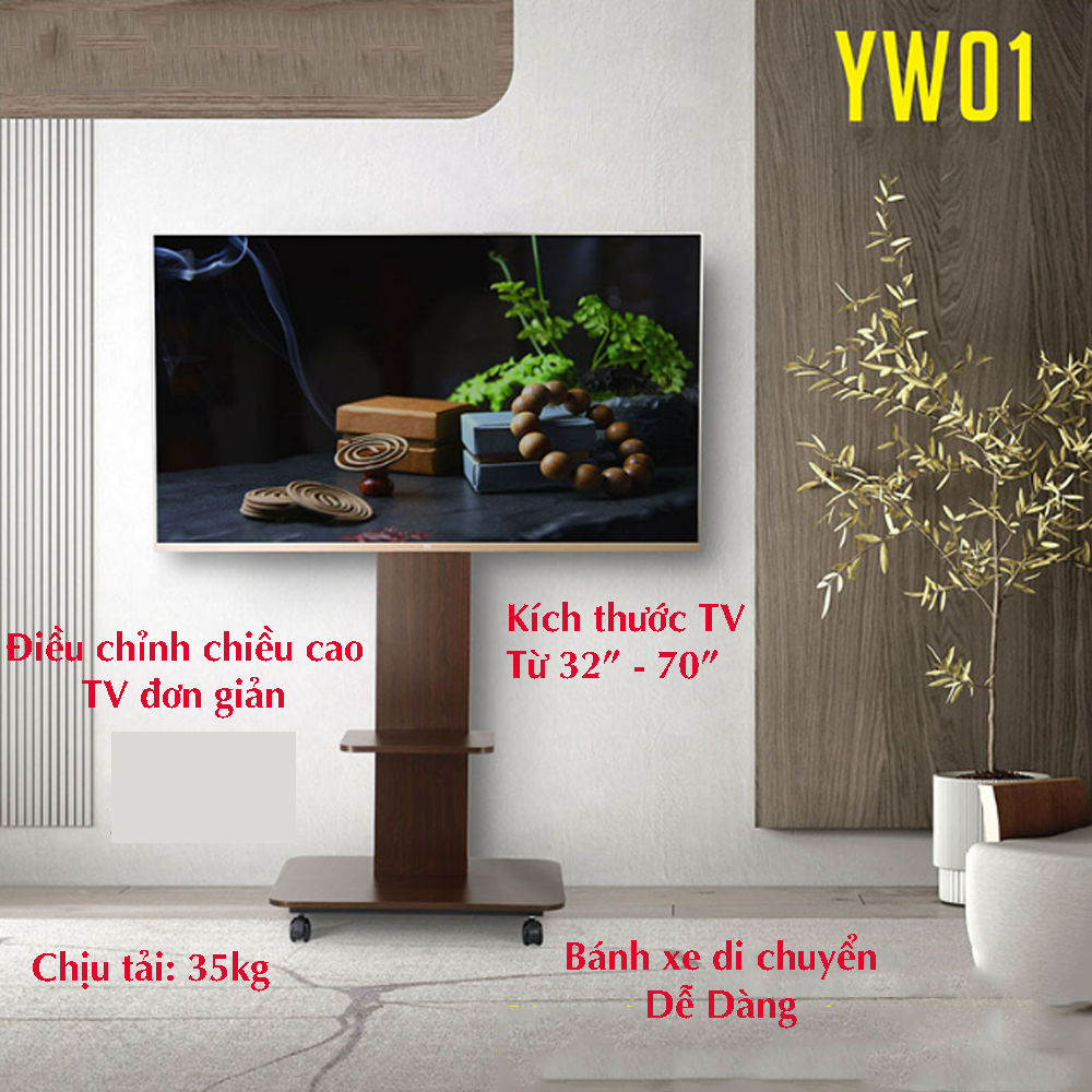 Giá đỡ tivi di động bằng gỗ dùng cho TV 32-70" điều chỉnh chiều cao, Kệ tivi di động
