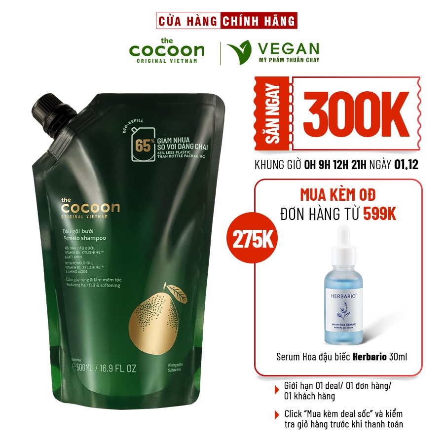 Túi Refill - Dầu gội bưởi pomelo Cocoon giúp giảm gãy rụng và làm mềm tóc 500ml thuần chay