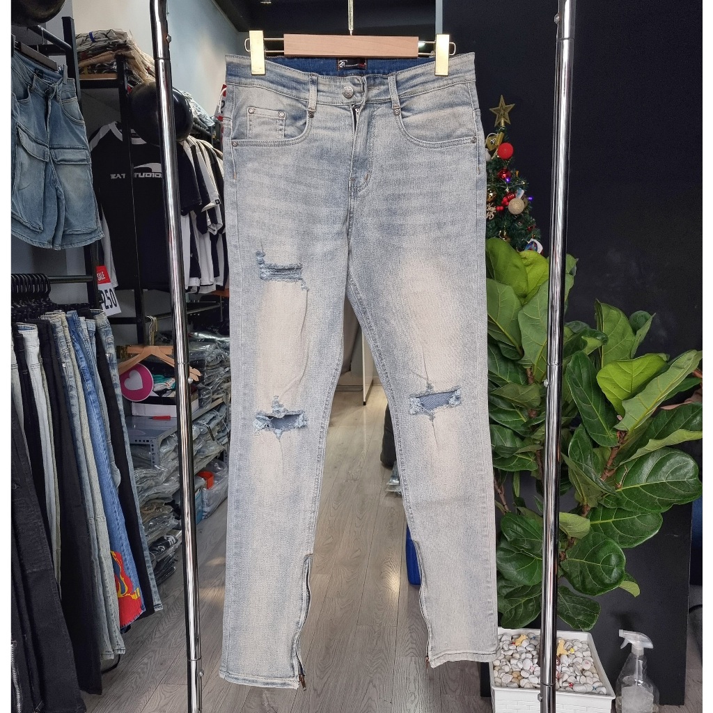 Quần jean nam rách gối xanh