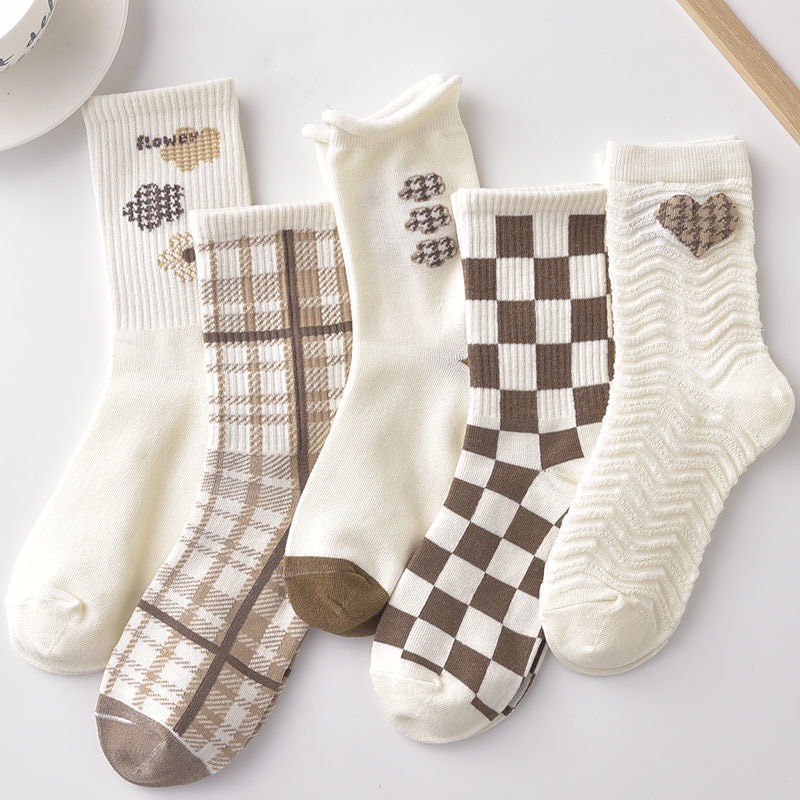 Set 5 Đôi Tất Nữ Cổ Cao Phong Cách Vintage Hàn Quốc, Vớ Nữ Cổ Cao Họa Tiết Nâu TN34