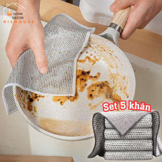 Khăn lưới cọ rửa set 5 chiếc, lau chén dĩa chất liệu sợi kim loại chống bám dầu công nghệ Đức