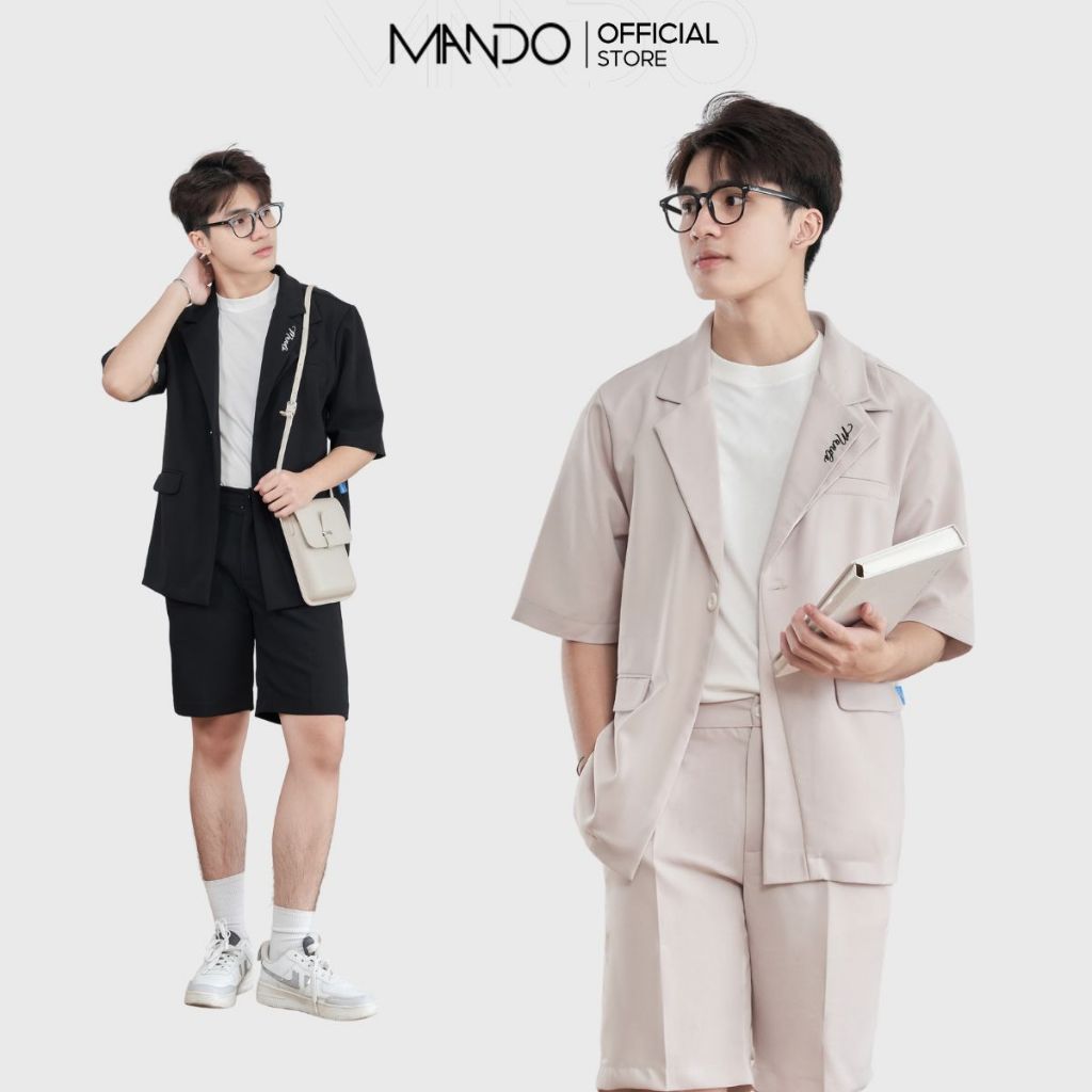 Áo Blazer Ngắn Tay MANDO Vải Tuyết Mưa Nam Form Rộng Họa Tiết Thêu Phối Cổ Hai Lớp Phong Cách Hàn Quốc Basic BLZ009