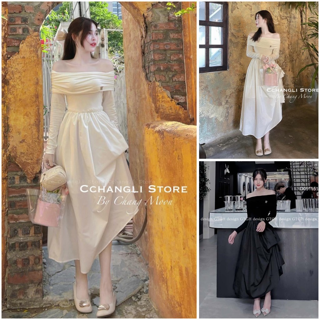 Đầm Nữ Len Tăm Trễ Vai Phối Chân Váy Thô Lụa Dáng Xòe Nhún Eo Tà Chéo Tay Dài Sang Chảnh, Váy Tiểu Thư Xinh Đẹp Nàng thơ