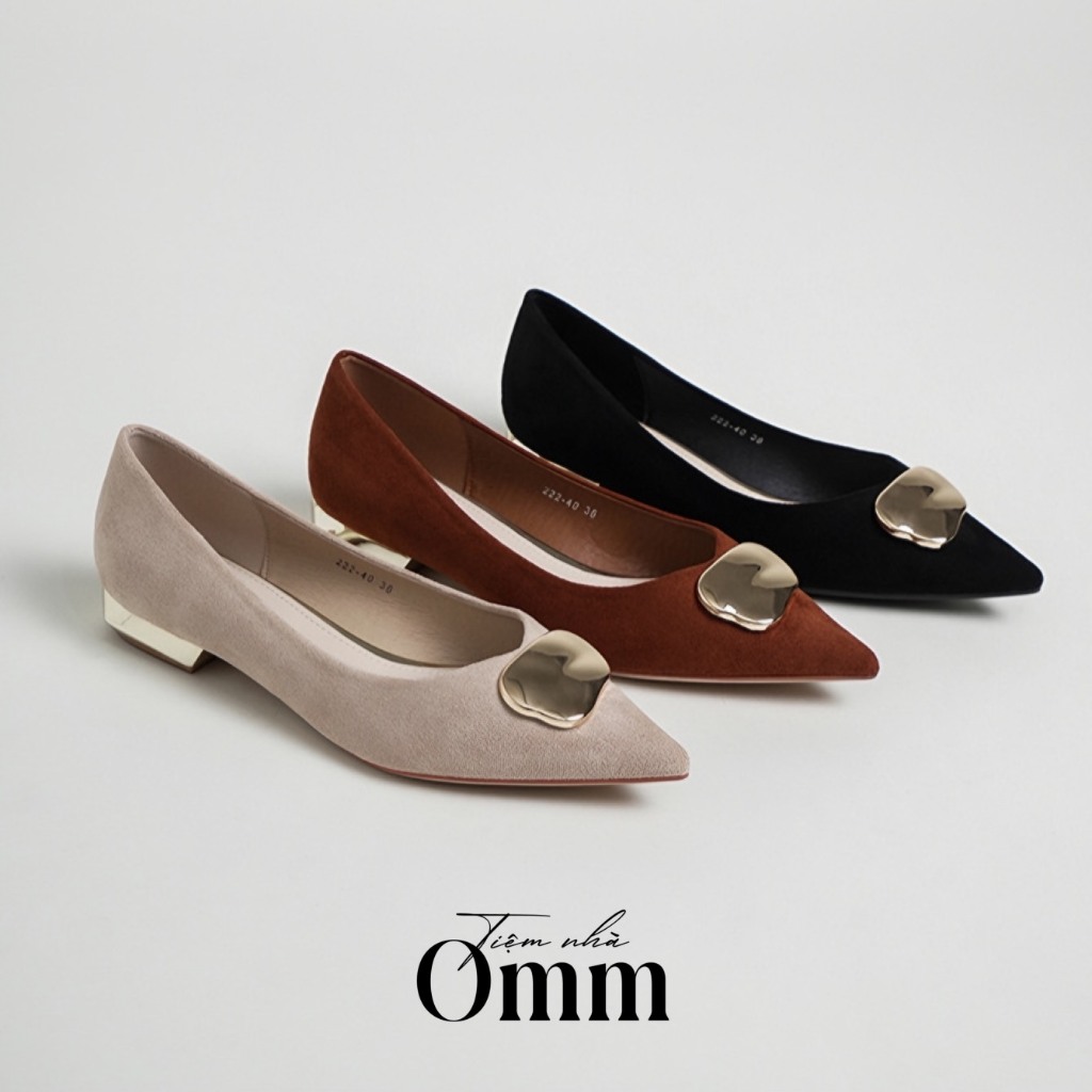 Omm - OH225 Hàng có sẵn Giày bệt da lộn hoạ tiết cao 2cm mũi nhọn xinh êm