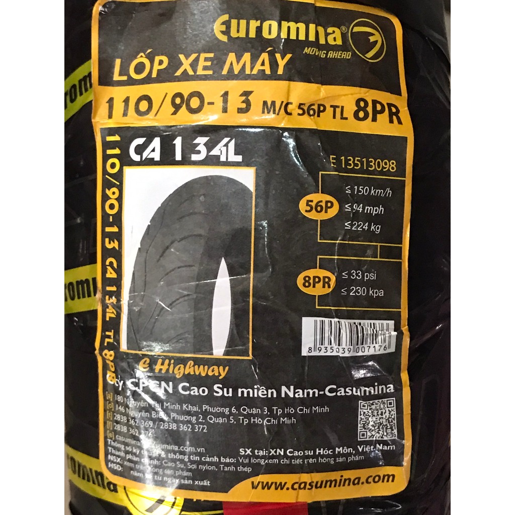 Vỏ Euromina 110/90/13, 130/70/13 Bánh Trước/Sau Dylan, PS, @ - Không Ruột