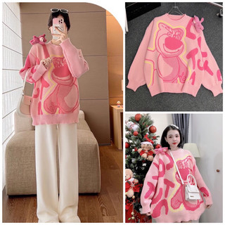 Áo sweater len l.o.t.s.o kèm gấu siêu xinh❤ áo gấu hồng cổ tròn chất len mềm mịn