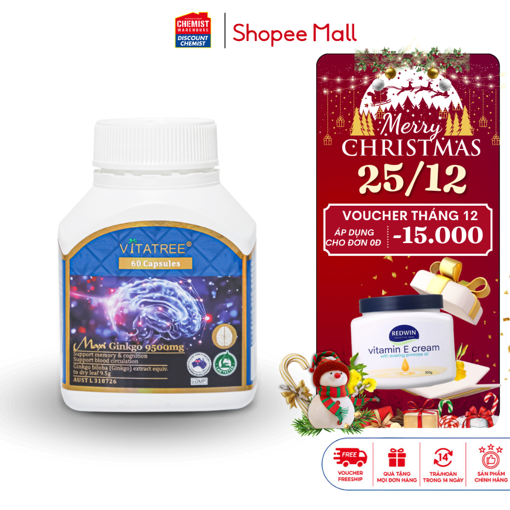 Bổ não Vitatree Mega Ginkgo 9500mg Max 60 viên giúp tuần hoàn máu não, tăng cường trí nhớ, giúp giảm stress, ngủ sâu