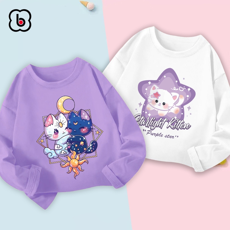 Áo dài tay bé gái BabyloveGO 2024 áo thu đông cổ tròn chất thun cotton mềm mịn thoáng mát in hình cute dễ thương