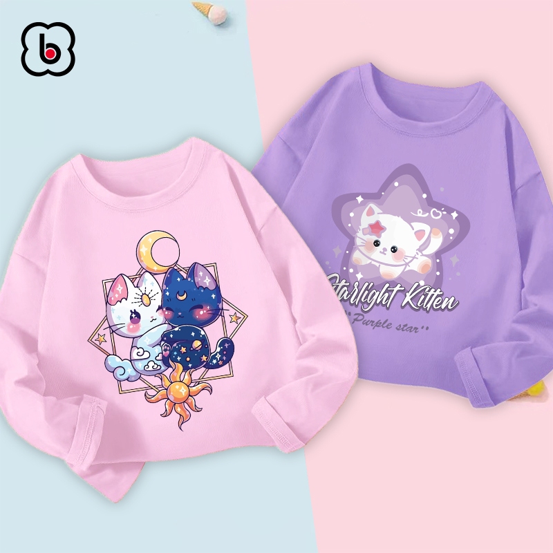 Áo dài tay bé gái BabyloveGO 2024 áo thu đông cổ tròn chất thun cotton mềm mịn thoáng mát in hình cute dễ thương