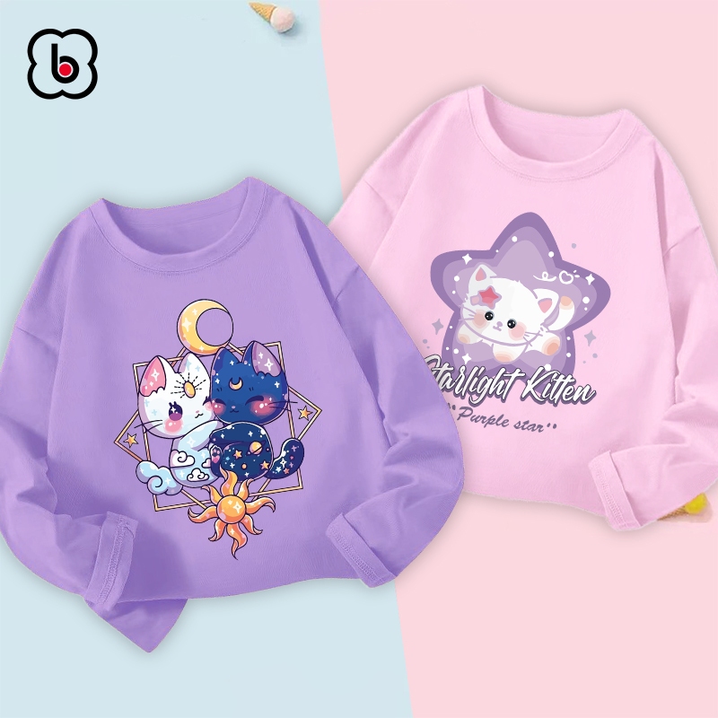 Áo dài tay bé gái BabyloveGO 2024 áo thu đông cổ tròn chất thun cotton mềm mịn thoáng mát in hình cute dễ thương