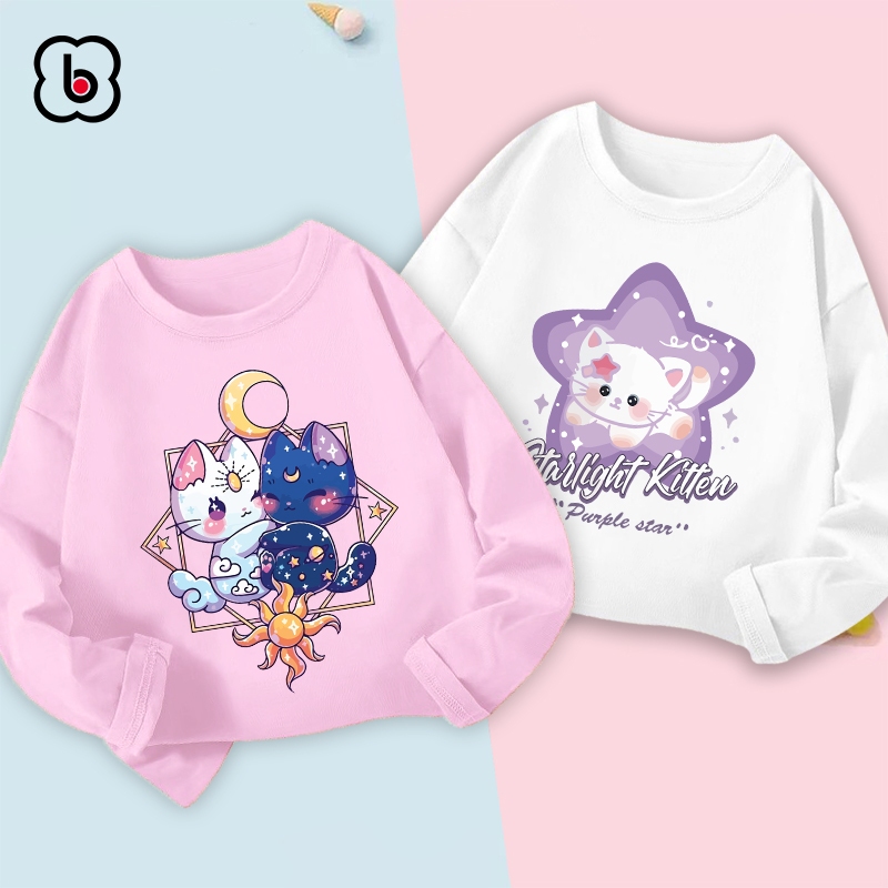 Áo dài tay bé gái BabyloveGO 2024 áo thu đông cổ tròn chất thun cotton mềm mịn thoáng mát in hình cute dễ thương