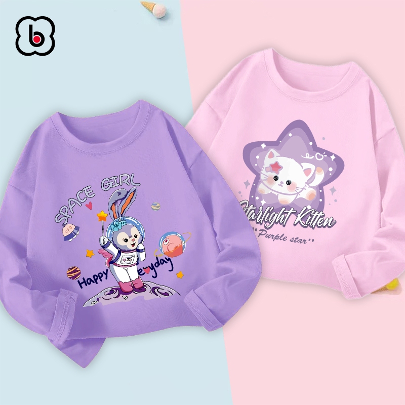 Áo dài tay bé gái BabyloveGO 2024 áo thu đông cổ tròn chất thun cotton mềm mịn thoáng mát in hình cute dễ thương