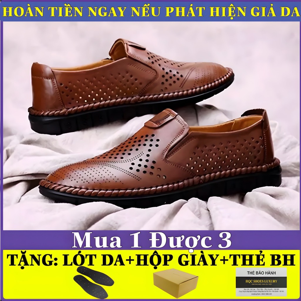 Giày lười nam mùa hè HQC SHOES da bò thật đế khâu chỉ bảo hành 1 năm Gh018
