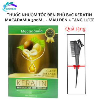 Thuốc nhuộm tóc đen phủ bạc keratin macadamia 500ml - màu đen + tặng lược