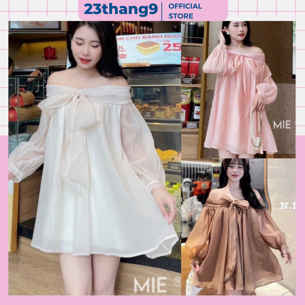 Váy babydoll , đầm babydoll trễ vai nơ ngực bản to vải tơ mềm 2 lớp bánh bèo công chúa tiểu thư sang chảnh V203 23thang9