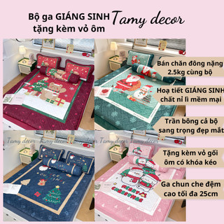 Bộ chăn ga giáng sinh chất nỉ trần bông tặng kèm vỏ gối ôm Tamy Decor bộ chăn ga noel chất liệu nỉ lì ấm áp bán kèm chăn