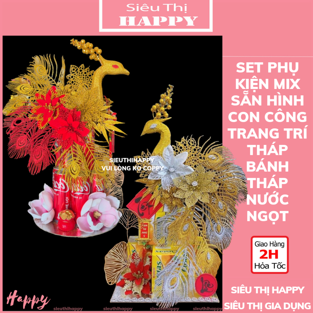 [Tặng keo nến] Set trang trí mix sẵn hình con công - Set công trang trí tháp bánh kẹo, tháp bia, tháp nước ngọt