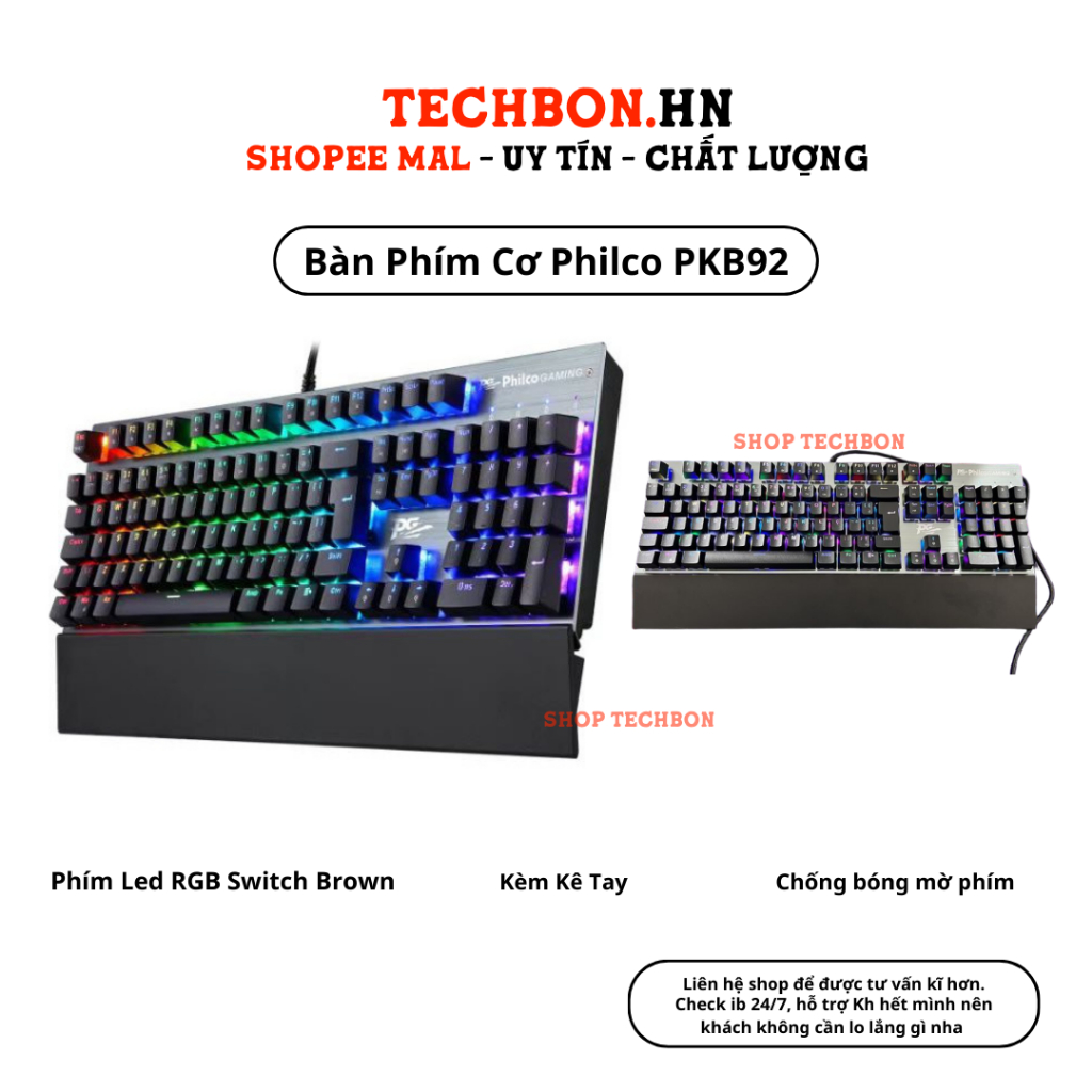 Bàn Phím Cơ Chơi Game Philco PKB92, Phím Led RGB Switch Brown, Kèm Kê Tay Cho Máy Tính PC Gaming TS28 TECHHIGH