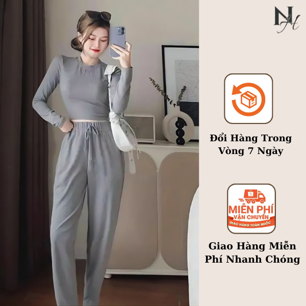 Sét Bộ Nữ Áo Croptop Dài Tay Chất Thun Gân Đũa Mix Quần Bom Cạp Cao, Sét Nữ Thời Trang Thun Đông Hottrend