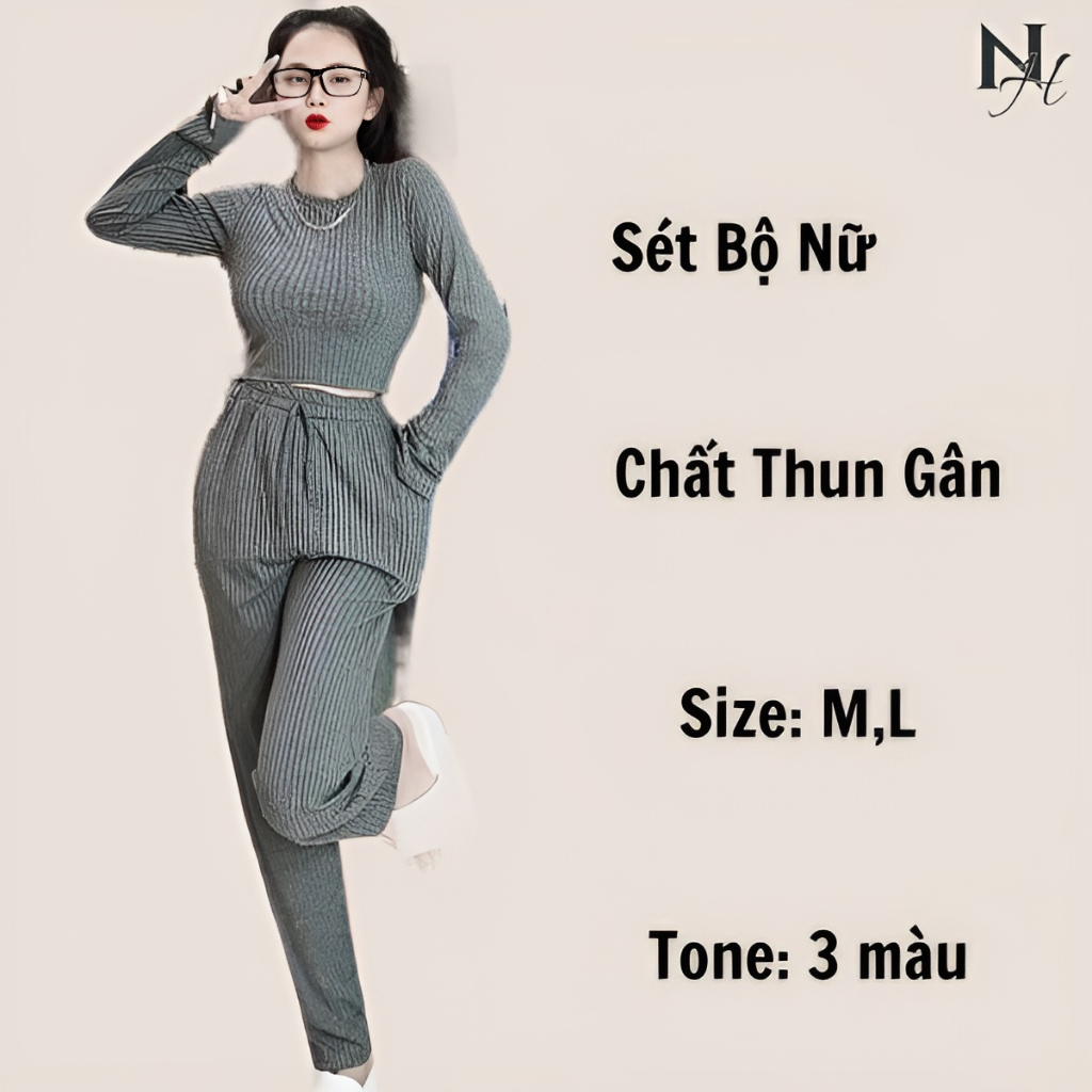 Sét Bộ Nữ Áo Croptop Dài Tay Chất Thun Gân Đũa Mix Quần Bom Cạp Cao, Sét Nữ Thời Trang Thun Đông Hottrend