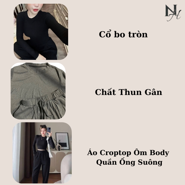 Sét Bộ Nữ Áo Croptop Dài Tay Chất Thun Gân Đũa Mix Quần Bom Cạp Cao, Sét Nữ Thời Trang Thun Đông Hottrend