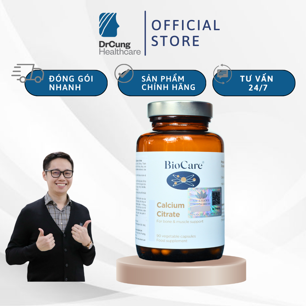 Bác Sĩ Cung Biocare Calcium Citrate - Canxi Hữu Cơ, Bổ Sung Canxi, Tăng Chiều Cao, Phòng Loãng Xương (Lọ 90 Viên)