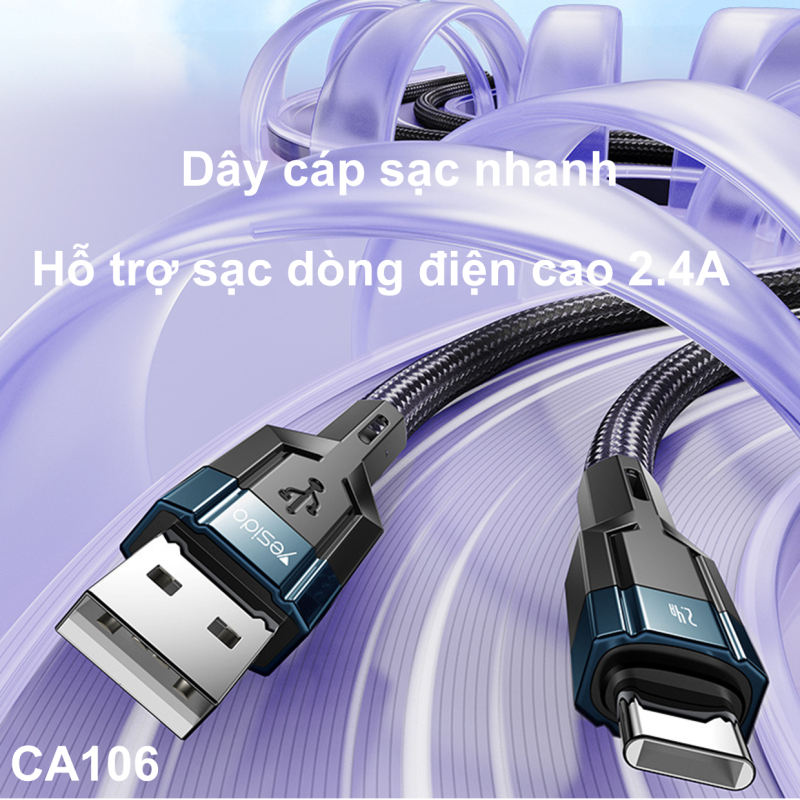 Dây Cáp Sạc Nhanh Yesido CA106, QC3.0, sạc đầy điện thoại trong 2 giờ, Dây bện nylon cao cấp, siêu bền, Chính Hãng - WOW