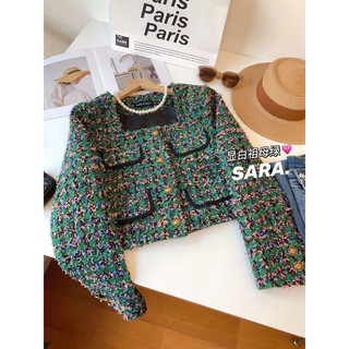 ❤️ áo khoác dạ tweed cổ vuông cúc kim loại màu xanh lá thời trang thu đông hàn quốc