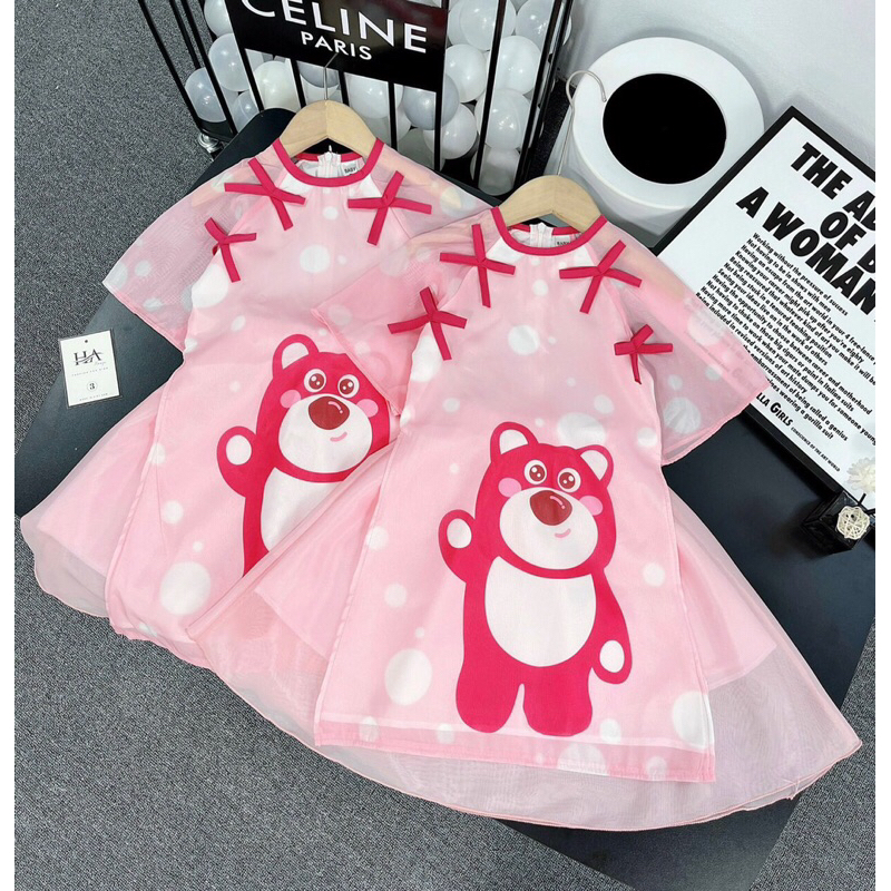Áo dài gấu dâu kèm nơ đeo chéo cho bé gái 8-30kg siêu đẹp , áo dài cách tân bé gái