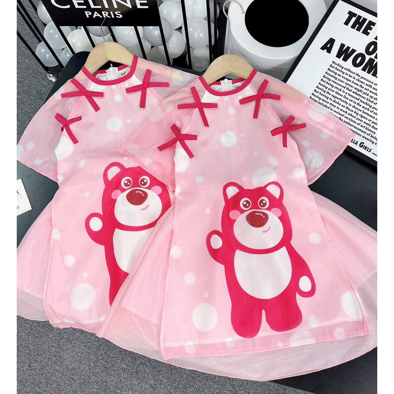 Áo dài gấu dâu kèm nơ đeo chéo cho bé gái 8-30kg siêu đẹp , áo dài cách tân bé gái